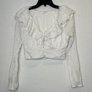 Elegant White Ruffled Women's Long Sleeve Polka DotBlouse 100% Cotton Size Small